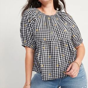 Old Navy Black White Gingham Sunflower Print Puff Sleeve Swing Top Size Medium
